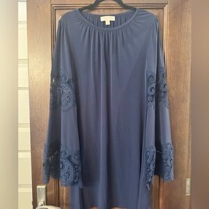 Women's Navy Blue Bell Sleeve Tunic Top with Lace Details